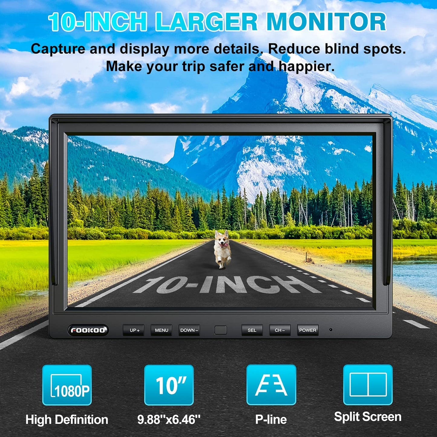 Fookoo 1080P 10" Wireless Backup Camera System, 10" Quad Split Monitor with Loop Recording, IP69 Waterproof Rear&Side View Cameras, Digital Signal Parking Lines for RV/Truck/Trailer/Van(DW103)