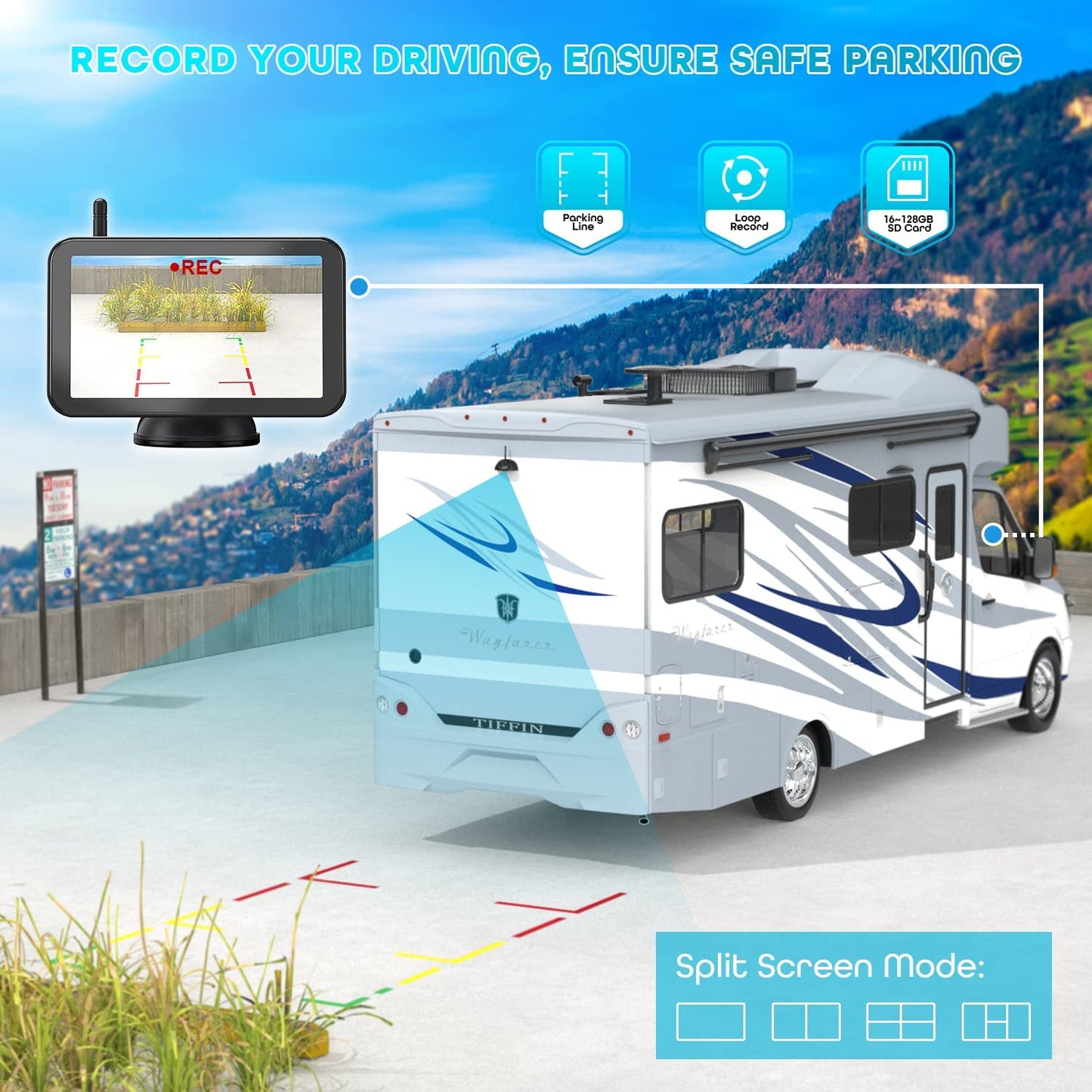 Fookoo 1080P 5" Wireless Backup Camera System, HD 5-inch Full-Screen Monitor w/ Recording & Rear View Camera w/ RV Pre-Wired Mount, Split Screen Digital Signal for Car RV Truck Trailer (DW501)