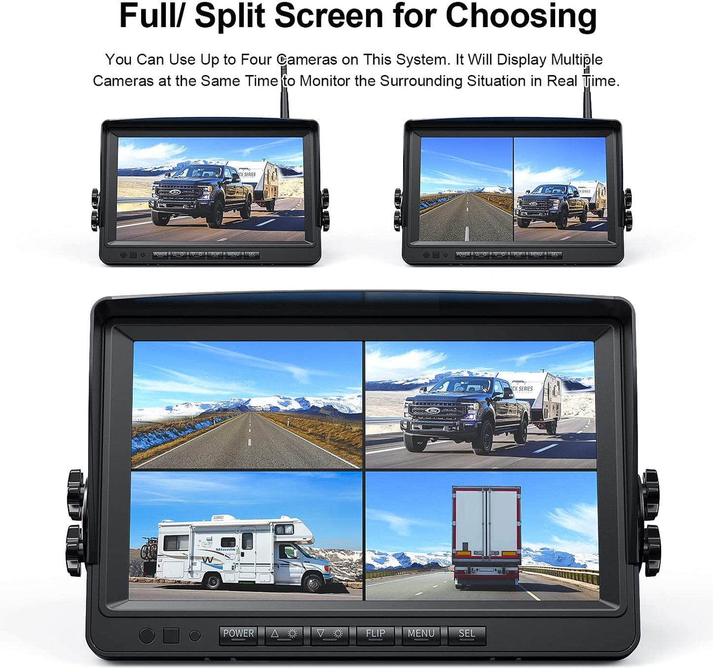 Fookoo 1080P 9" Wireless Backup Camera System, 9" HD Dual/Quad Split Monitor with Recording, IP69 Waterproof Rear View Front View Cameras with Parking Lines, Suits for RV/Truck/Trailer/Van/Bus(DW902)