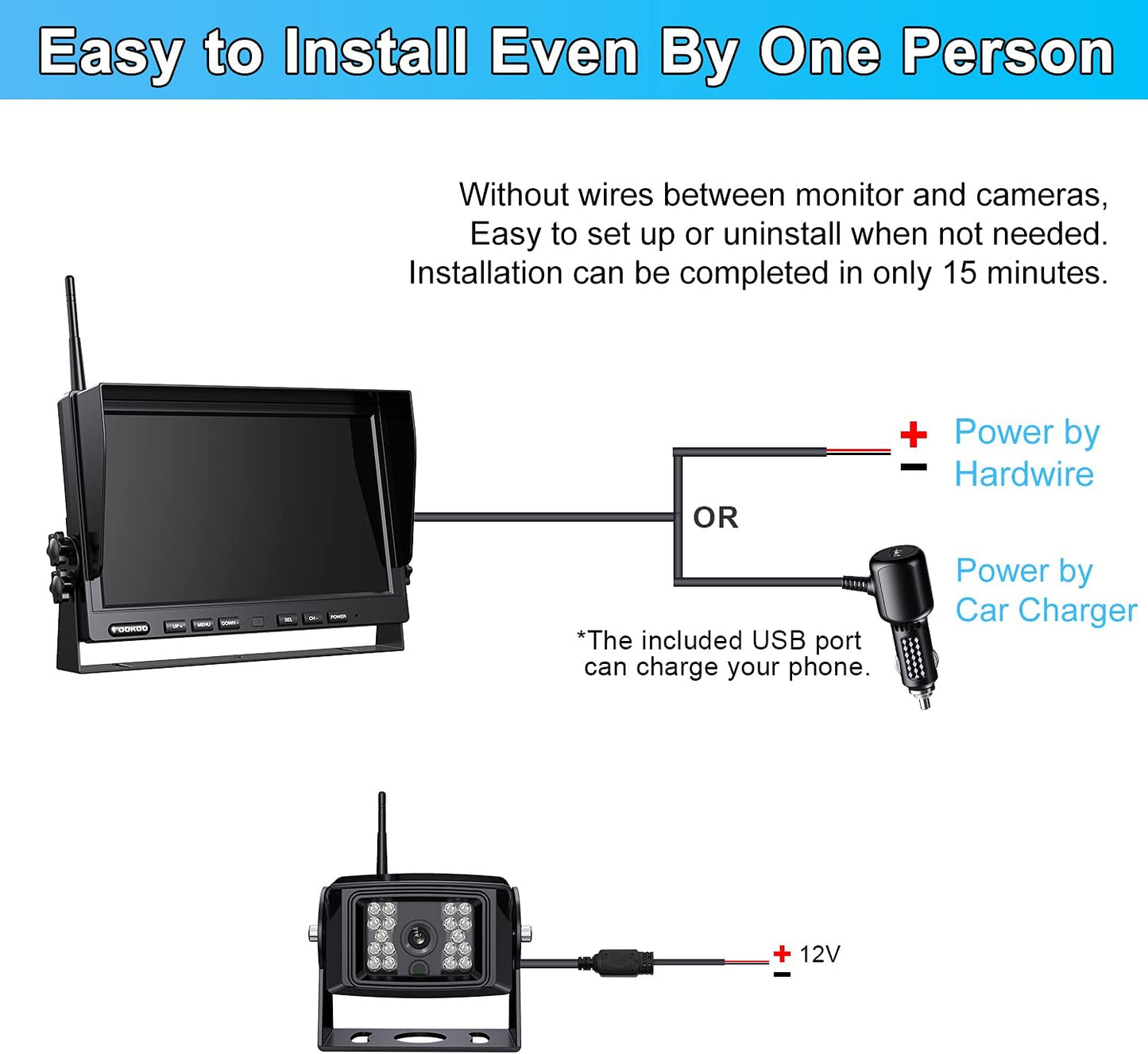 Fookoo 1080P 10" Wireless Backup Camera System, 10" Quad Split Monitor with Loop Recording, IP69 Waterproof Rear&Side View Cameras, Digital Signal Parking Lines for RV/Truck/Trailer/Van(DW103)