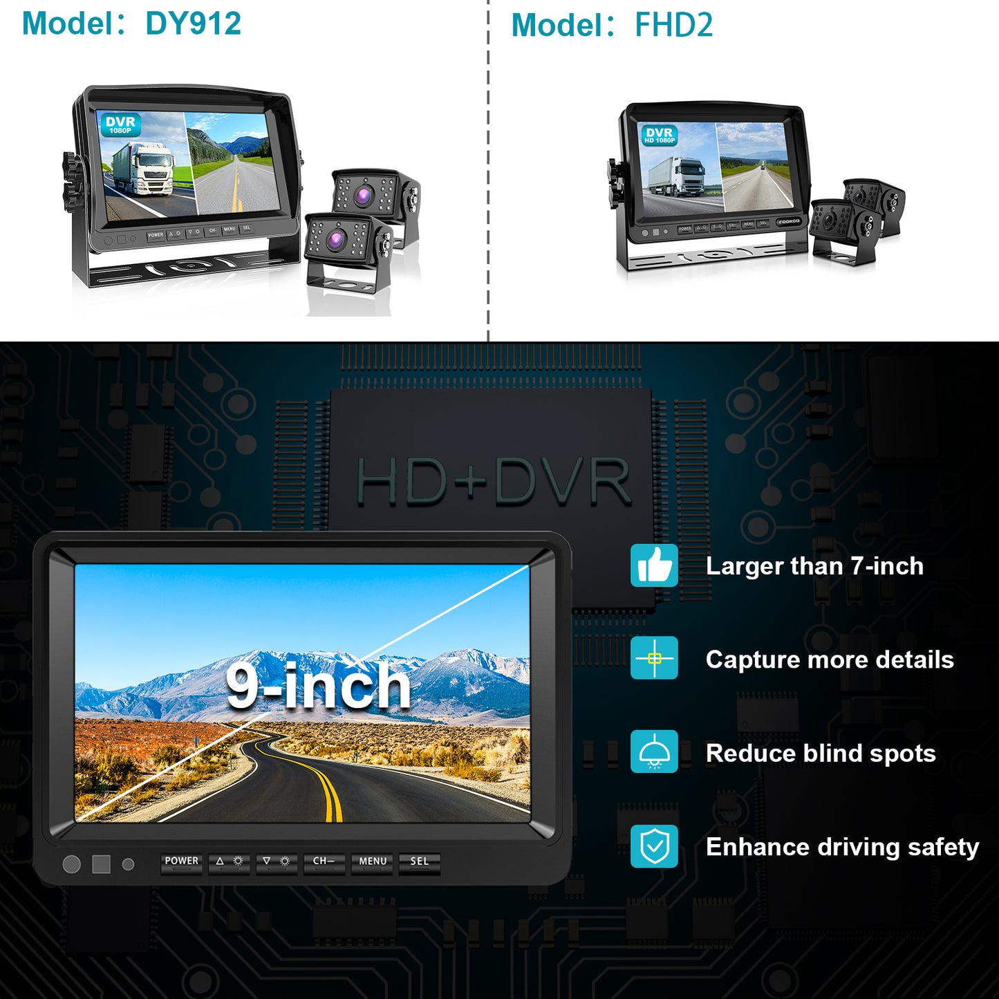 Fookoo Ⅱ HD 1080P Wired Backup Camera System Kit,9 inch DVR Dual Split Screen Monitor, IP69 Waterproof Rear View Camera for Truck/Semi-Trailer/Box Truck/RV, Sharp CCD Chip, Parking Lines (DY912)