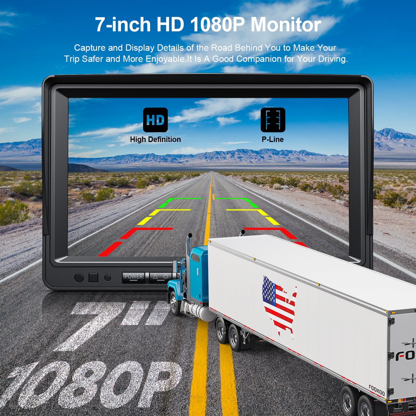 Fookoo 1080P 7" Wireless Backup Camera System, 7" HD Dual/Quad Split Monitor with Recording, IP69 Waterproof Rear View Front View Cameras with Parking Lines, Suits for RV/Truck/Trailer/Van/Bus(DW702)