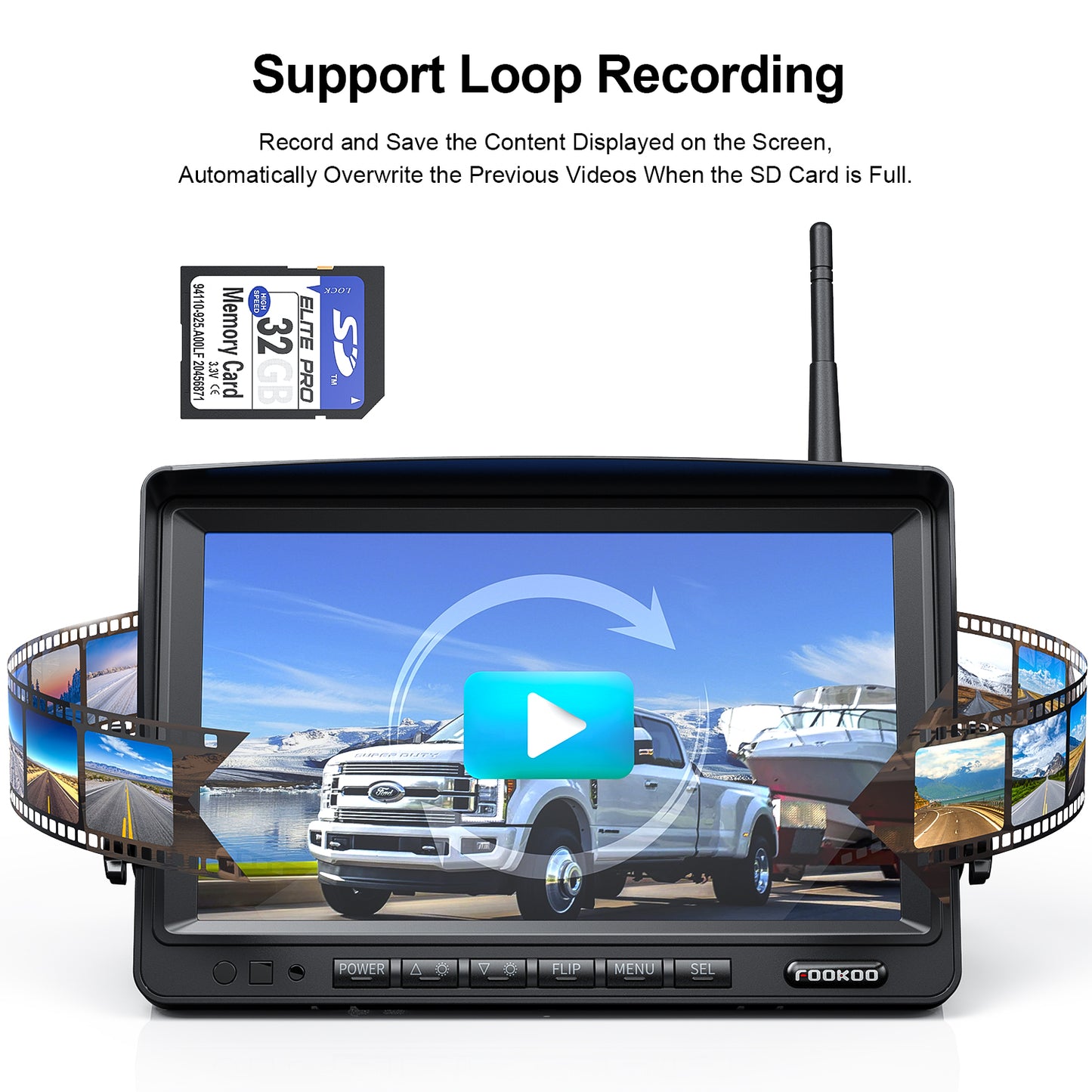 Fookoo 1080P 7" Wireless Backup Camera System, 7" HD Dual/Quad Split Monitor with Recording, IP69 Waterproof Rear View Front View Cameras with Parking Lines, Suits for RV/Truck/Trailer/Van/Bus(DW702)