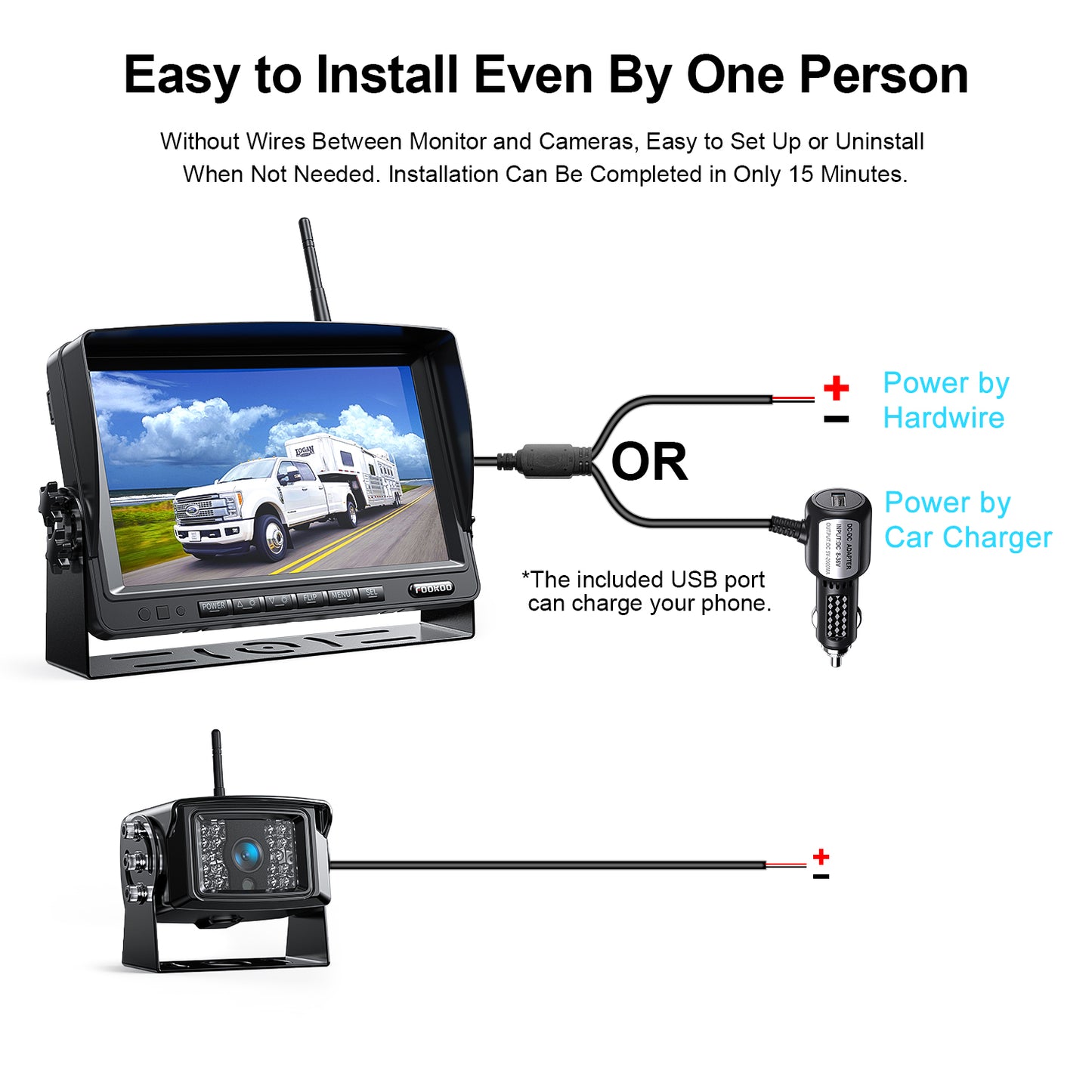 Fookoo 1080P 7" Wireless Backup Camera System, 7" HD Dual/Quad Split Monitor with Recording, IP69 Waterproof Rear View Front View Cameras with Parking Lines, Suits for RV/Truck/Trailer/Van/Bus(DW702)