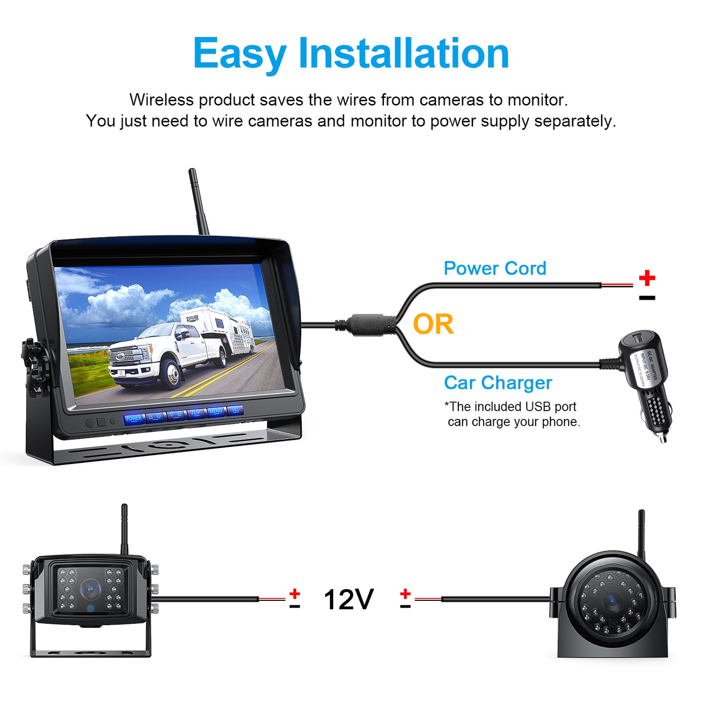 Fookoo 9" 1080P Wireless Backup Camera, Full/Dual/Quad Split Screen, IP69 Waterproof IR Lights Side&Rear Cameras, Parking Lines Assistance, Loop Recording for Heavy Vehicle Trailer RV Truck (DW903)