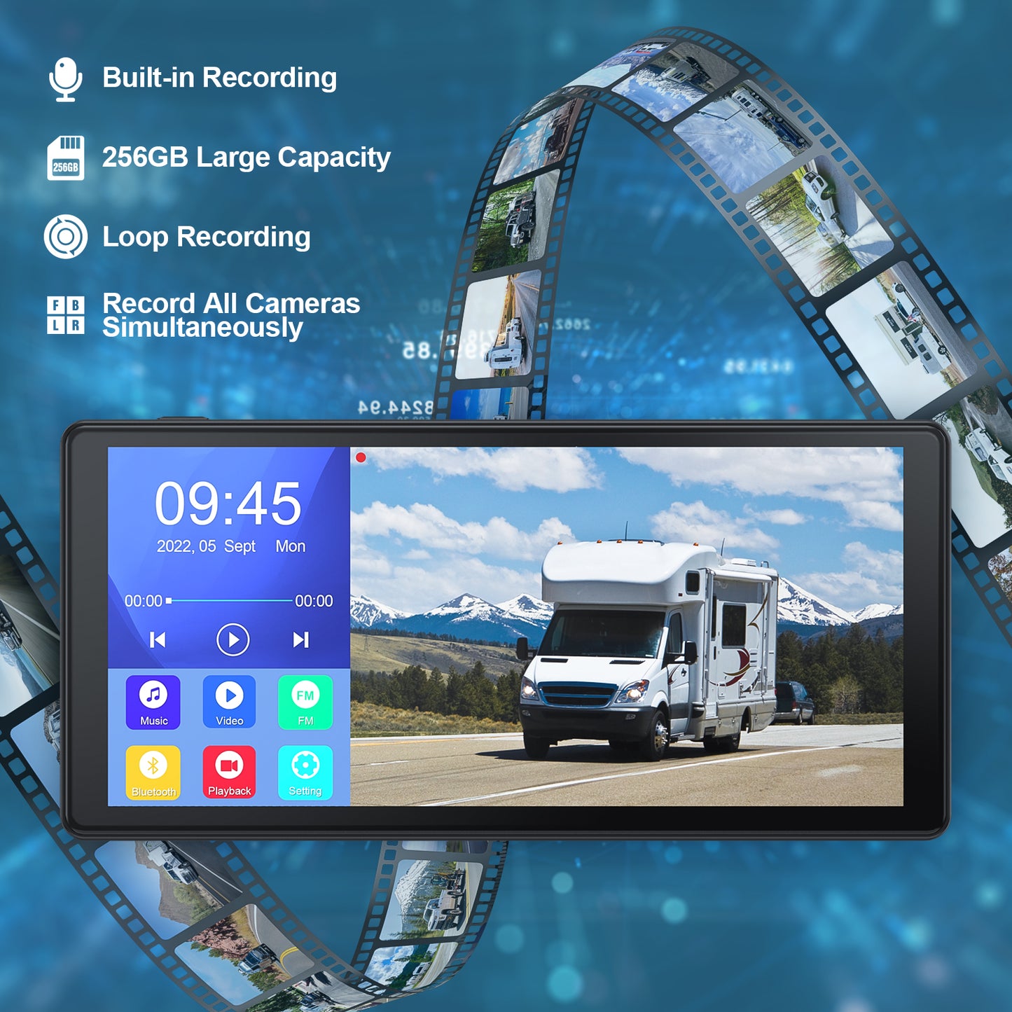 Fookoo 4K 10.36" Wired Touch Screen Backup Camera System, Quad Split Screen Front Rear Side Cameras, Playback Built-in Recording Bluetooth Video Music, Parking Lines for RV Truck Trailer(DY1036)